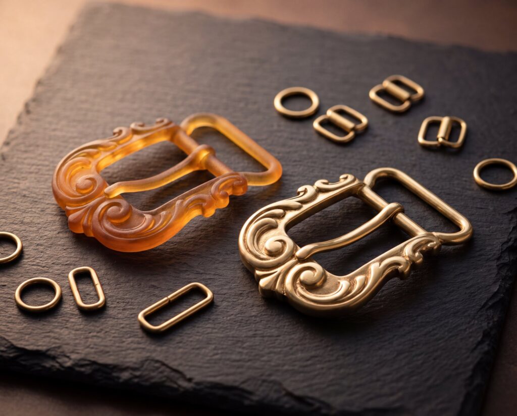 A 3D printed resin buckle prototype next to the same buckle cast in brass, with small brass rings and sliders