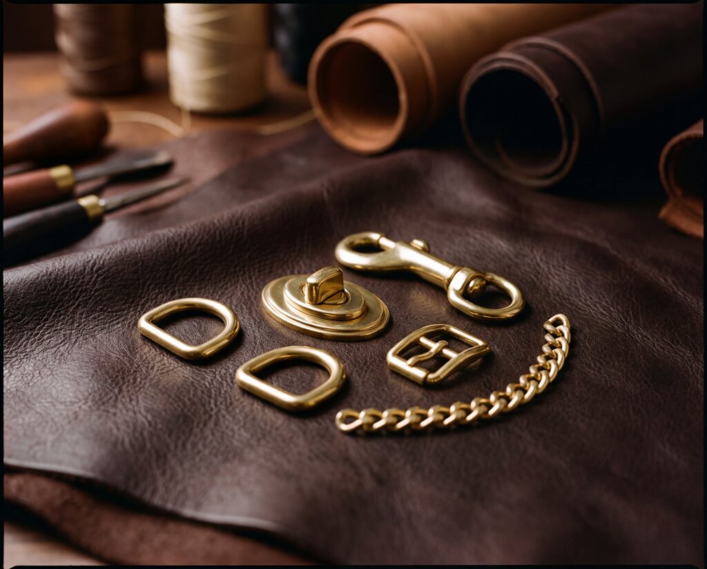 Brass D-rings, a turn-lock, a snap hook, a buckle and a chain on dark leather